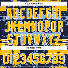 Load image into Gallery viewer, Custom Navy Gold Light Blue-White Abstract Fragment Shape 3D Pattern Design Bomber Full-Snap Varsity Letterman Hoodie Jacket
