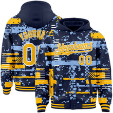 Load image into Gallery viewer, Custom Navy Gold Light Blue-White Abstract Fragment Shape 3D Pattern Design Bomber Full-Snap Varsity Letterman Hoodie Jacket
