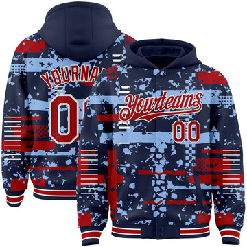 Custom Navy Red Light Blue-White Abstract Fragment Shape 3D Pattern Design Bomber Full-Snap Varsity Letterman Hoodie Jacket