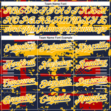 Load image into Gallery viewer, Custom Navy Gold Red-White Abstract Fragment Shape 3D Pattern Design Bomber Full-Snap Varsity Letterman Hoodie Jacket
