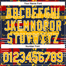 Load image into Gallery viewer, Custom Navy Gold Red-White Abstract Fragment Shape 3D Pattern Design Bomber Full-Snap Varsity Letterman Hoodie Jacket
