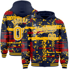 Load image into Gallery viewer, Custom Navy Gold Red-White Abstract Fragment Shape 3D Pattern Design Bomber Full-Snap Varsity Letterman Hoodie Jacket
