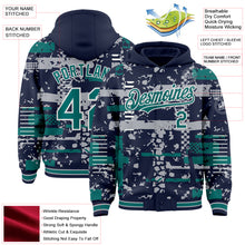 Load image into Gallery viewer, Custom Navy Teal Gray-White Abstract Fragment Shape 3D Pattern Design Bomber Full-Snap Varsity Letterman Hoodie Jacket
