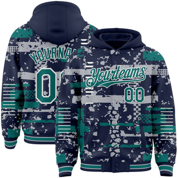 Custom Navy Teal Gray-White Abstract Fragment Shape 3D Pattern Design Bomber Full-Snap Varsity Letterman Hoodie Jacket