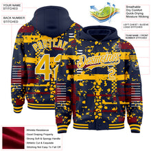 Load image into Gallery viewer, Custom Navy Gold Crimson-White Abstract Fragment Shape 3D Pattern Design Bomber Full-Snap Varsity Letterman Hoodie Jacket

