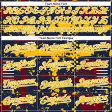 Load image into Gallery viewer, Custom Navy Gold Crimson-White Abstract Fragment Shape 3D Pattern Design Bomber Full-Snap Varsity Letterman Hoodie Jacket
