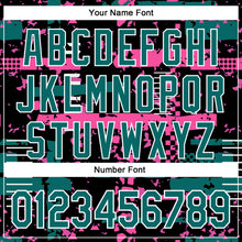 Load image into Gallery viewer, Custom Black Teal Pink-White Abstract Fragment Shape 3D Pattern Design Bomber Full-Snap Varsity Letterman Hoodie Jacket
