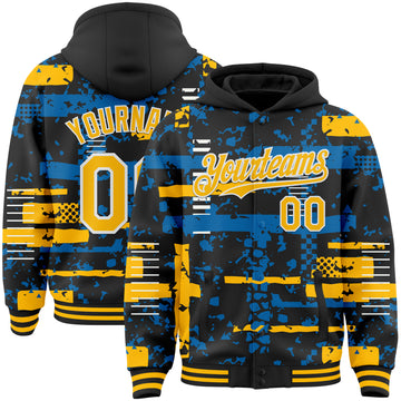 Custom Black Gold Blue-White Abstract Fragment Shape 3D Pattern Design Bomber Full-Snap Varsity Letterman Hoodie Jacket
