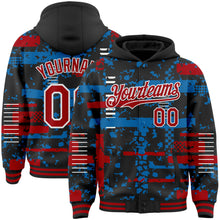 Load image into Gallery viewer, Custom Black Red Blue-White Abstract Fragment Shape 3D Pattern Design Bomber Full-Snap Varsity Letterman Hoodie Jacket
