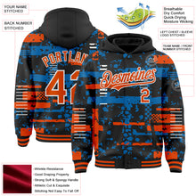 Загрузить изображение в средство просмотра галереи, Custom Black Orange Blue-White Abstract Fragment Shape 3D Pattern Design Bomber Full-Snap Varsity Letterman Hoodie Jacket
