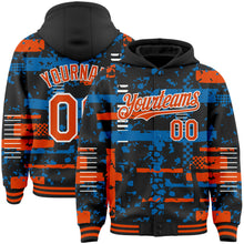 Загрузить изображение в средство просмотра галереи, Custom Black Orange Blue-White Abstract Fragment Shape 3D Pattern Design Bomber Full-Snap Varsity Letterman Hoodie Jacket
