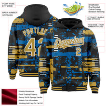 Charger l'image dans la galerie, Custom Black Old Gold Blue-White Abstract Fragment Shape 3D Pattern Design Bomber Full-Snap Varsity Letterman Hoodie Jacket
