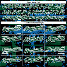 Load image into Gallery viewer, Custom Black Kelly Green Blue-White Abstract Fragment Shape 3D Pattern Design Bomber Full-Snap Varsity Letterman Hoodie Jacket
