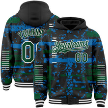 Load image into Gallery viewer, Custom Black Kelly Green Blue-White Abstract Fragment Shape 3D Pattern Design Bomber Full-Snap Varsity Letterman Hoodie Jacket
