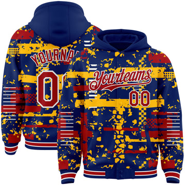 Custom Royal Red Gold-White Abstract Fragment Shape 3D Pattern Design Bomber Full-Snap Varsity Letterman Hoodie Jacket
