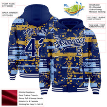 Charger l'image dans la galerie, Custom Royal Light Blue Old Gold-White Abstract Fragment Shape 3D Pattern Design Bomber Full-Snap Varsity Letterman Hoodie Jacket
