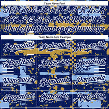 Charger l'image dans la galerie, Custom Royal Light Blue Old Gold-White Abstract Fragment Shape 3D Pattern Design Bomber Full-Snap Varsity Letterman Hoodie Jacket
