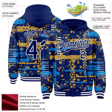 Load image into Gallery viewer, Custom Royal Powder Blue Old Gold-White Abstract Fragment Shape 3D Pattern Design Bomber Full-Snap Varsity Letterman Hoodie Jacket
