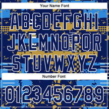 Load image into Gallery viewer, Custom Royal Powder Blue Old Gold-White Abstract Fragment Shape 3D Pattern Design Bomber Full-Snap Varsity Letterman Hoodie Jacket
