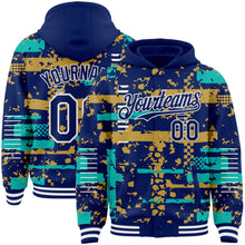 Charger l'image dans la galerie, Custom Royal Aqua Old Gold-White Abstract Fragment Shape 3D Pattern Design Bomber Full-Snap Varsity Letterman Hoodie Jacket
