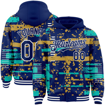 Custom Royal Aqua Old Gold-White Abstract Fragment Shape 3D Pattern Design Bomber Full-Snap Varsity Letterman Hoodie Jacket