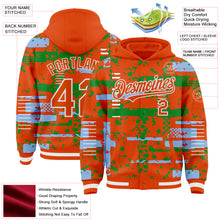 Charger l'image dans la galerie, Custom Orange Light Blue Grass Green-White Abstract Fragment Shape 3D Pattern Design Bomber Full-Snap Varsity Letterman Hoodie Jacket
