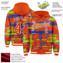 Charger l'image dans la galerie, Custom Orange Neon Green Thunder Blue-White Abstract Fragment Shape 3D Pattern Design Bomber Full-Snap Varsity Letterman Hoodie Jacket

