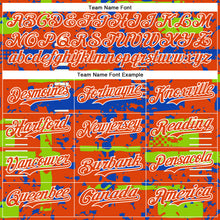 Charger l'image dans la galerie, Custom Orange Neon Green Thunder Blue-White Abstract Fragment Shape 3D Pattern Design Bomber Full-Snap Varsity Letterman Hoodie Jacket
