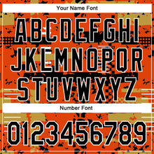 Load image into Gallery viewer, Custom Orange Black Old Gold-White Abstract Fragment Shape 3D Pattern Design Bomber Full-Snap Varsity Letterman Hoodie Jacket
