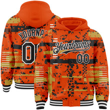 Load image into Gallery viewer, Custom Orange Black Old Gold-White Abstract Fragment Shape 3D Pattern Design Bomber Full-Snap Varsity Letterman Hoodie Jacket
