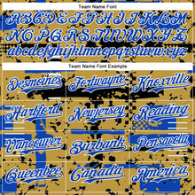 Charger l'image dans la galerie, Custom Old Gold Thunder Blue Black-White Abstract Fragment Shape 3D Pattern Design Bomber Full-Snap Varsity Letterman Hoodie Jacket
