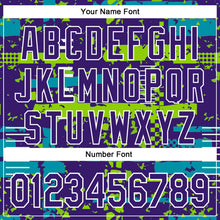 Load image into Gallery viewer, Custom Purple Teal Neon Green-White Abstract Fragment Shape 3D Pattern Design Bomber Full-Snap Varsity Letterman Hoodie Jacket
