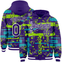 Load image into Gallery viewer, Custom Purple Teal Neon Green-White Abstract Fragment Shape 3D Pattern Design Bomber Full-Snap Varsity Letterman Hoodie Jacket
