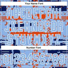 Charger l'image dans la galerie, Custom Light Blue Royal Orange-White Abstract Fragment Shape 3D Pattern Design Bomber Full-Snap Varsity Letterman Hoodie Jacket
