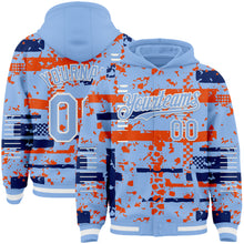 Charger l'image dans la galerie, Custom Light Blue Royal Orange-White Abstract Fragment Shape 3D Pattern Design Bomber Full-Snap Varsity Letterman Hoodie Jacket
