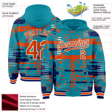 Load image into Gallery viewer, Custom Teal Orange Royal-White Abstract Fragment Shape 3D Pattern Design Bomber Full-Snap Varsity Letterman Hoodie Jacket
