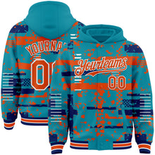 Load image into Gallery viewer, Custom Teal Orange Royal-White Abstract Fragment Shape 3D Pattern Design Bomber Full-Snap Varsity Letterman Hoodie Jacket
