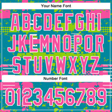 Charger l'image dans la galerie, Custom Teal Pink Neon Green-White Abstract Fragment Shape 3D Pattern Design Bomber Full-Snap Varsity Letterman Hoodie Jacket
