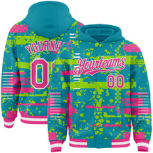 Charger l'image dans la galerie, Custom Teal Pink Neon Green-White Abstract Fragment Shape 3D Pattern Design Bomber Full-Snap Varsity Letterman Hoodie Jacket
