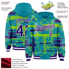 Charger l'image dans la galerie, Custom Teal Purple Neon Green-White Abstract Fragment Shape 3D Pattern Design Bomber Full-Snap Varsity Letterman Hoodie Jacket
