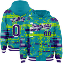 Charger l'image dans la galerie, Custom Teal Purple Neon Green-White Abstract Fragment Shape 3D Pattern Design Bomber Full-Snap Varsity Letterman Hoodie Jacket

