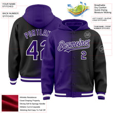 Charger l'image dans la galerie, Custom Purple Black-White Gradient Line Bomber Full-Snap Varsity Letterman Hoodie Jacket
