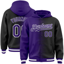 Charger l'image dans la galerie, Custom Purple Black-White Gradient Line Bomber Full-Snap Varsity Letterman Hoodie Jacket
