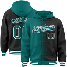 Charger l'image dans la galerie, Custom Teal Black-White Gradient Line Bomber Full-Snap Varsity Letterman Hoodie Jacket
