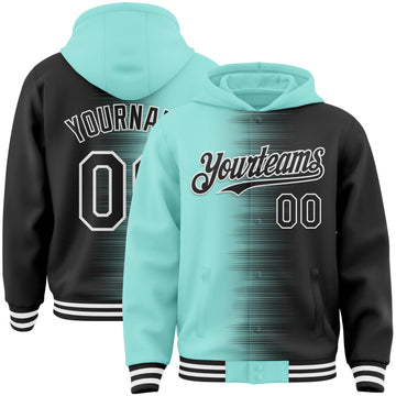 Custom Ice Blue Black-White Gradient Line Bomber Full-Snap Varsity Letterman Hoodie Jacket