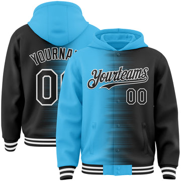 Custom Sky Blue Black-White Gradient Line Bomber Full-Snap Varsity Letterman Hoodie Jacket
