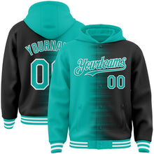 Charger l'image dans la galerie, Custom Aqua Black-White Gradient Line Bomber Full-Snap Varsity Letterman Hoodie Jacket

