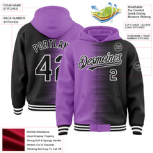 Laden Sie das Bild in den Galerie-Viewer, Custom Medium Purple Black-White Gradient Line Bomber Full-Snap Varsity Letterman Hoodie Jacket
