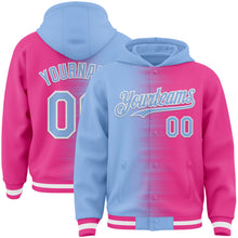 Load image into Gallery viewer, Custom Light Blue Pink-White Gradient Line Bomber Full-Snap Varsity Letterman Hoodie Jacket
