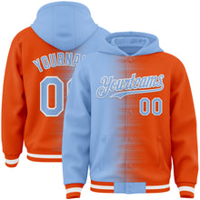 Load image into Gallery viewer, Custom Light Blue Orange-White Gradient Line Bomber Full-Snap Varsity Letterman Hoodie Jacket

